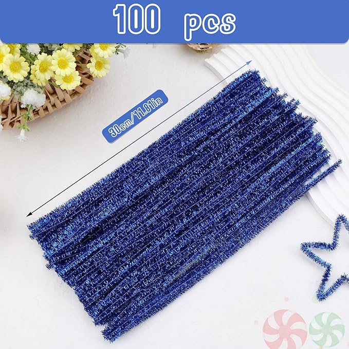 Hssugi Royal Blue Pipe Cleaners, 100PCS Pipe Cleaners Craft Supplies, Glitter Golden Pipe Cleaners Bulk Fuzzy Sticks for DIY Art and Craft Projects Home Decoration