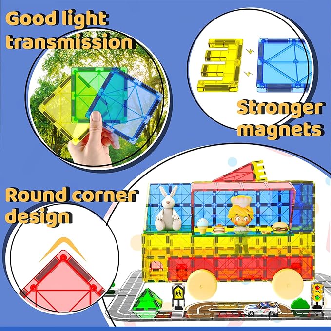 Magnetic Tiles - Road Set, Magnetic Building Blocks, Preschool Montessori Toys Gift for 3+ Year Old Boys and Girls, Sensory Travel Toys for Kids Aged 3-5 and 4-8, Ideal for Toddler with Autism