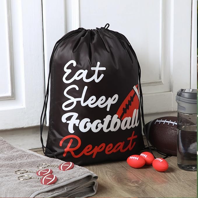 48 Pcs Football Party Favors for Kids Include 12 Football Drawstring Bags, 12 Football Keychain, 12 Silicone Football Bracelets, 12 Mini Stress Ball for Sports Birthday Supplies Decorations