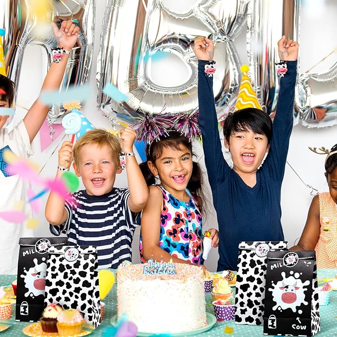Cow Party Favors Supplies Include Cow Silicone Bracelets Cow Keychain Cow Party Present Bags and Waterproof Cow Stickers for Baby Shower Return Present Farm Animal Birthday (Novel Style, 104 Pieces)