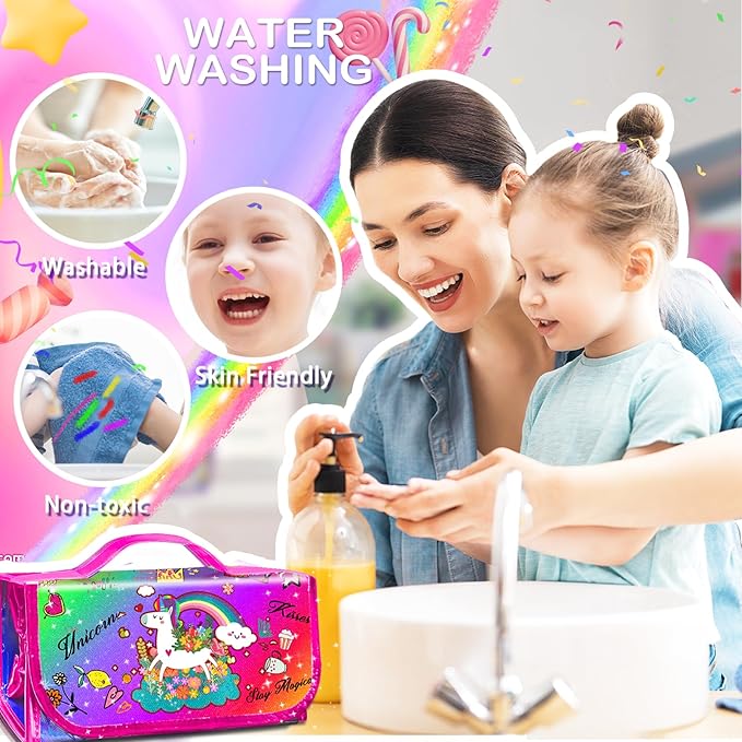 Kids Washable Scented Markers Set with Pencil Case, Kids Art Supplies Unicorn Markers Drawing Kits with Coloring Paper & Stickers for 4-8 Years Old Girls Birthday Gifts (Rainbow Unicorn, Multicolor)