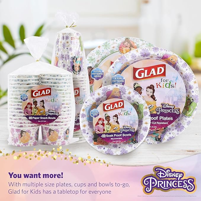 Glad for Kids Princess 6oz Paper Snack Bowls, Lids Not Included | Princess Paper Snack Bowls, Kids Snack Bowls | 6oz Paper Snack Bowls, 32 Count - 10 Pack