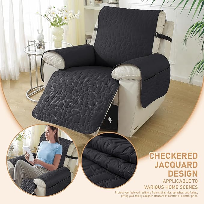 100% Waterproof Recliner Chair Covers for Reclining Chair, Small Recliner Covers That Stay in Place, Non-Slip Recliner Armchair Cover with Pockets for Kids, Pets, Dogs, Cat, Washable,Black,28I