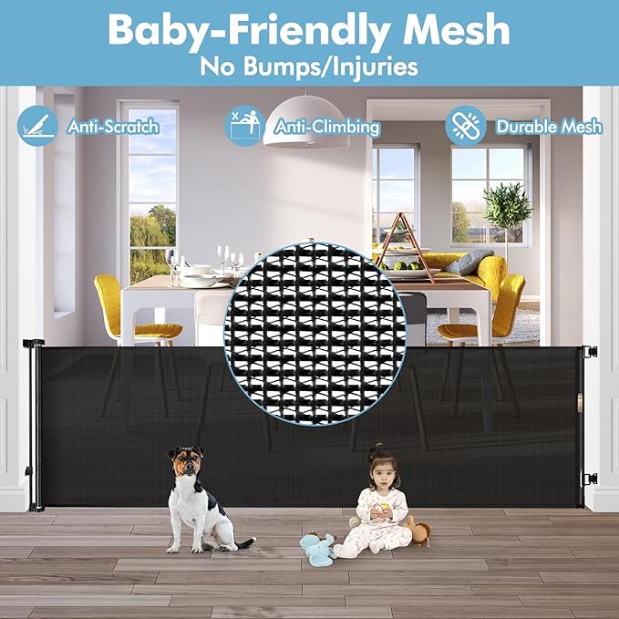 75 Inch Extra Wide Retractable Baby Gate for Wide Openings Child Gate Indoor Outdoor Retractable Gate Large Baby Gate Retractable Gates for Dogs Mesh Dog Gate for Stairs, Doorways, Porches, Black