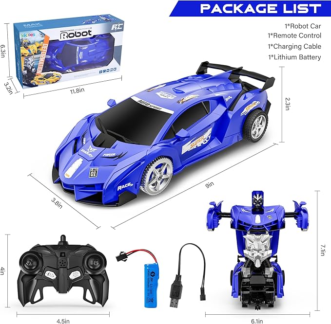 Remote Control Car, Toy for 3-8 Year Old Boys, 360° Rotating RC Deformation Robot Car Toy with LED Light, Transform Robot RC Car Age 3 4 5 6 7 8-12 Years Old for Kids, Boys Girls Birthday Gifts (Blue)