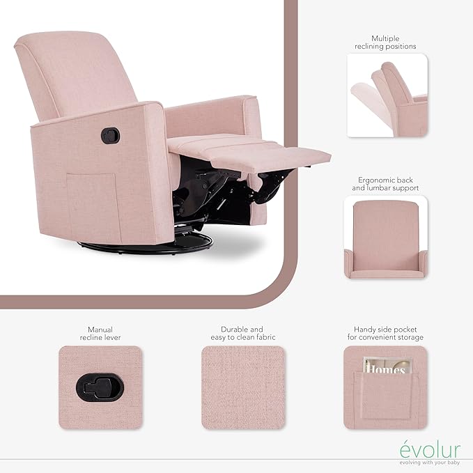 Evolur Raleigh Glider in Rose, Upholstered Plush Seating 360° Swivel Glider Rocking Chair, FSC Certified, Greenguard Gold & JPMA Certified Nursery Glider Recliner