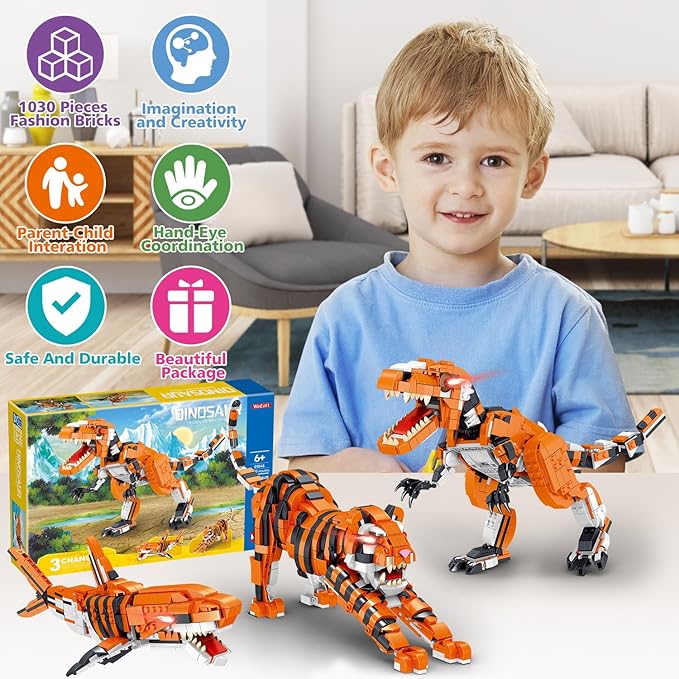 1030 Piece STEM Building Toys-3in1 Mini Transforming Toy Building Set with Dinosaur/Tiger/Shark Building Kit, Educational Toy for Kids 6-12, Christmas Birthday Gifts for Girls Boys Ages 8-14+