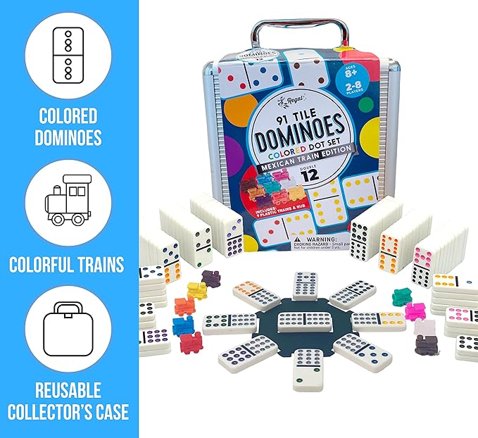 Regal Games - Double 12 Mexican Train Dominoes - Colored Dots Set - Fun Family-Friendly Dominoes Game - Includes 91 Tiles, Collector's Case & Plastic Hub w 9 Plastic Trains - Ideal for 2-8 Players