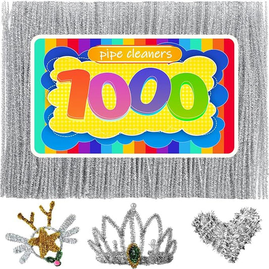 GAGANIU 1000pcs Pipe Cleaners, Pipe Cleaners for Crafts, Craft Supplies Multicolor Chenille Stems for Art&Craft Christmas DIY Projects(Silver Glitter)