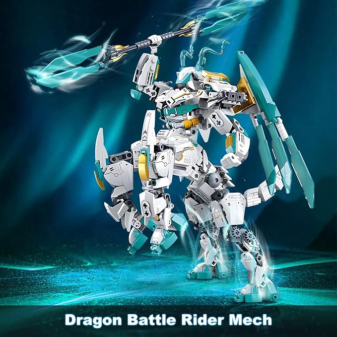 Dragon Transforming Mech Building Blocks Set, 2 in 1 Warrior City Action Robot Model Building Kit, 731 PCS Cool Rider Mech Toys Gift for Adults and Kids Boys 8 10 12+