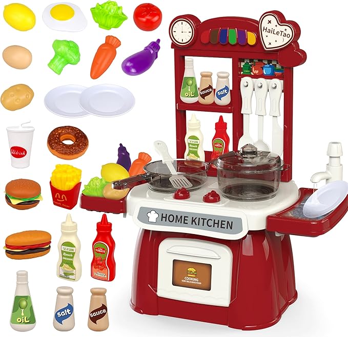 Kitchen Set for Toddler with Sound and Light,Pretend Cooking Food Set,Kids Kitchen Playset,Play Sink with Running Water and Electronic Induction Stove,Kitchen Accessories