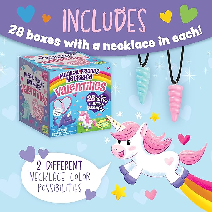 Peaceable Kingdom Valentines Cards for Kids Classroom, Set of 28 Valentines Day Gifts - Magical Friends Unicorn and Narwhal Horn Necklaces