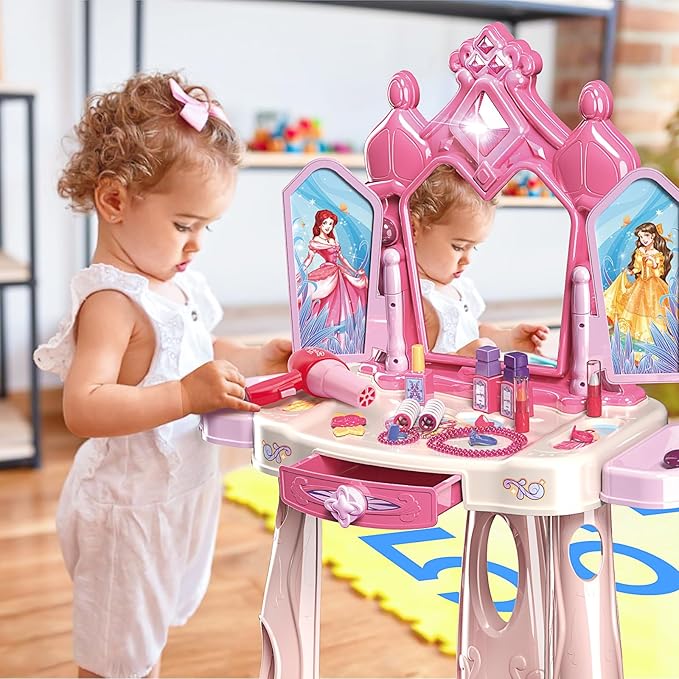 Pretend Play Girls Makeup Table Set with Stool,Open Doors by Gestures,Kids Vanity Set with Lights and Music,Toddler Beauty Salon Set with Makeup Accessories & Hair Dryer,Toy for Toddlers 2-5 Years Old