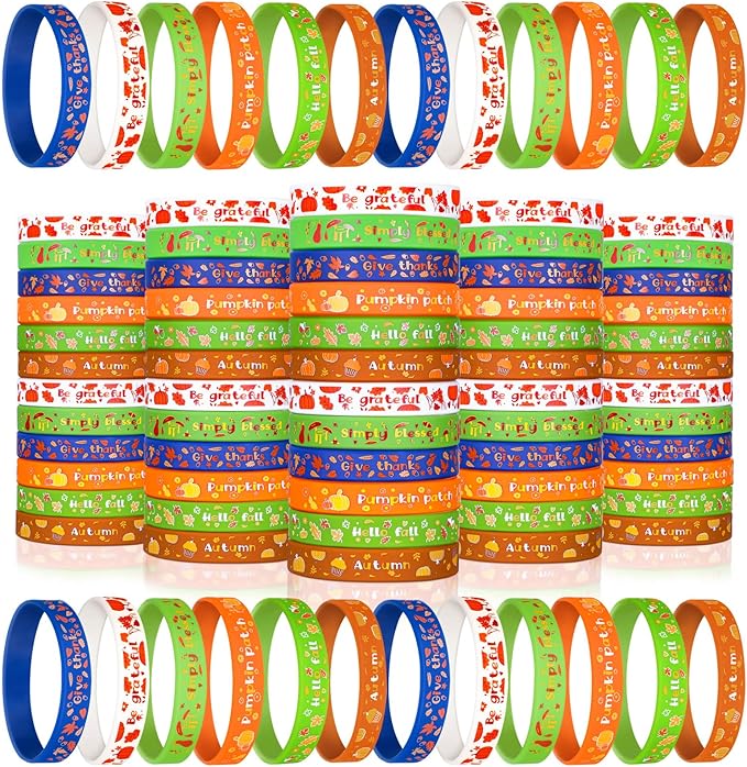 Wettarn 60 Pcs Fall Party Favors Bracelets Thanksgiving Silicone Wristbands Autumn Harvest Pumpkin Maple Leaf Bracelets for Party Supplies Festival Prizes Gifts