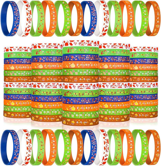 Wettarn 60 Pcs Fall Party Favors Bracelets Thanksgiving Silicone Wristbands Autumn Harvest Pumpkin Maple Leaf Bracelets for Party Supplies Festival Prizes Gifts