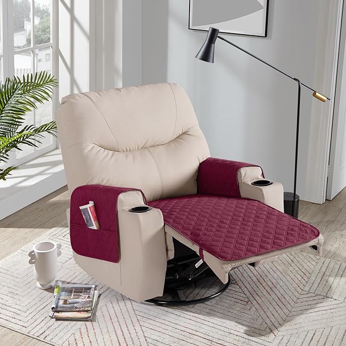 Ruaozz Waterproof Recliner Chair Covers Non Slip Chair Covers Recliner Seat Cover with Arms Washable Recliner Covers for Reclining Chair with Pocket, Covers for Recliner Chair (Wine, Small-22'')