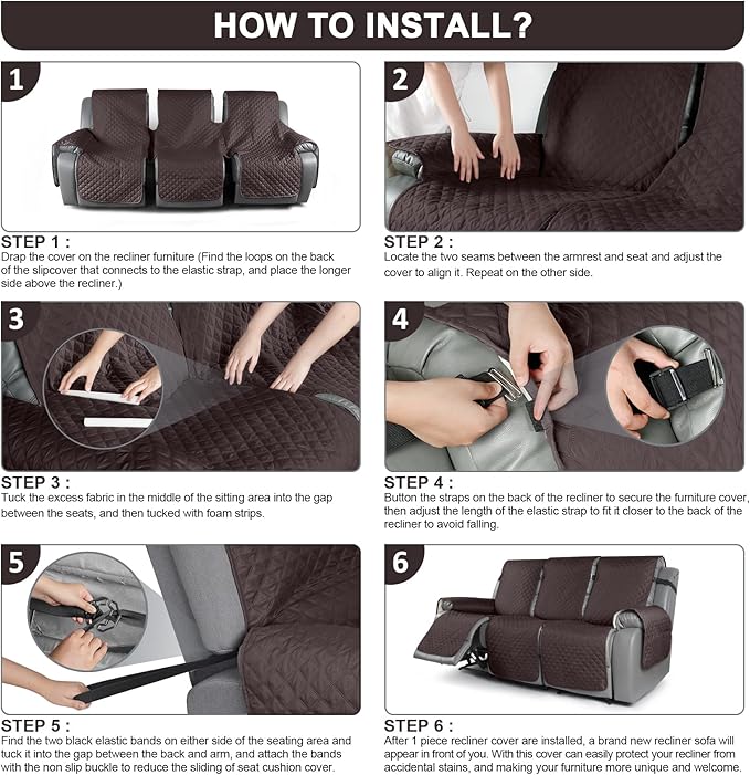 TAOCOCO Recliner Sofa Slipcover Couch Covers for 3 Cushion Couch, Pet Sofa Cover for 3 Seat Recliner Sofa, Washable Reclining Sofa Cover Furniture Protector with Elastic Straps(3 Seater, Chocolate)