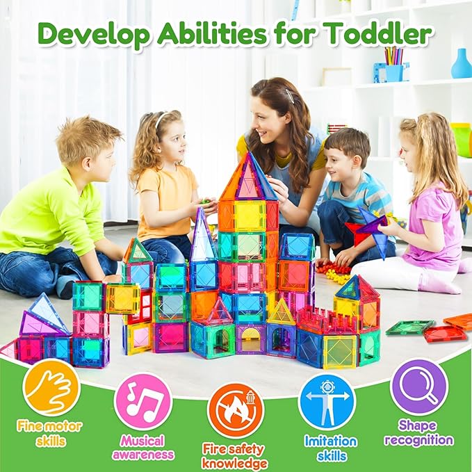 Magnetic Tiles,100PCS Magnet Building Blocks for Kids Educational Magnetic Blocks Sensory Toys Montessori Stacking Gift for 3 4 5 6 7 Year Old Boys Girls Construction STEM Toys Set with 2 Cars