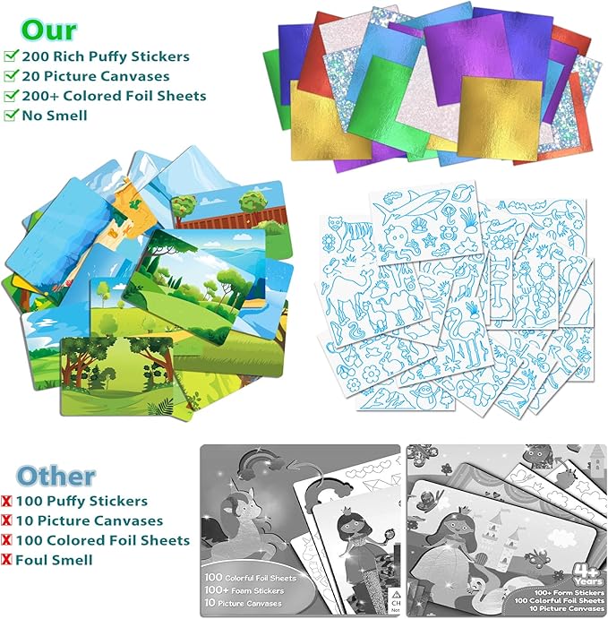 SOOVSY 200 Sheets Animals Foil Art Fun Kit for Kids, Foil Art for Kids Crafts Kit DIY Creative Activity Birthday Travel Toys for 4 5 6 7 8 9 Years Old Kids Girls Boys Arts & Crafts