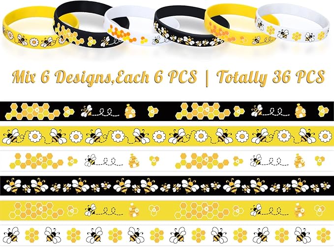 Whaline 6 Designs Bee Silicone Bracelets 36Pcs Honey Bee Flower Rubber Wristband White Black Yellow Spring Summer Bee Bracelets for World Bee Day Birthday Baby Shower Bee Theme Party Favor Supplies