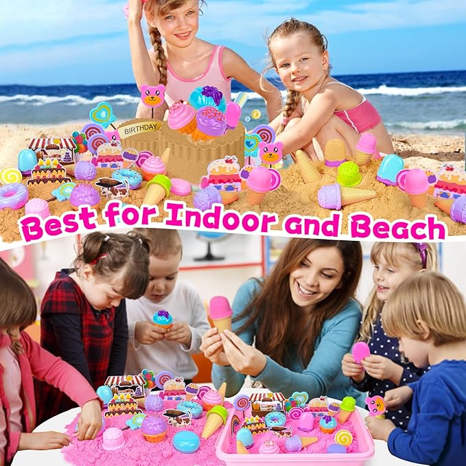 Hymaz Ice Cream Sensory Bin, 32 pcs Pink Sensory Bins for Kids 5-7, Kids Play Sand for Sandbox Toys, Sandbox with lid, Ice Cream & Cakecup, Kid Sensory Sand kit Birthday Gift for Toddler Age 3-8