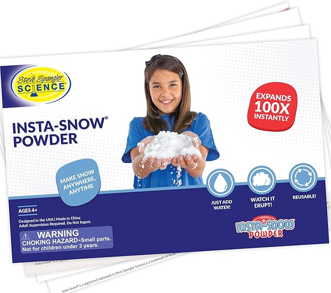 Steve Spangler Science Insta-Snow Powder Starter Kit, 2.6 oz Bag and Plastic Tank – Science Kits for Kids, Makes Realistic, Fluffy Snow in Seconds, Sensory Toys & STEM Activities for Classrooms/Home