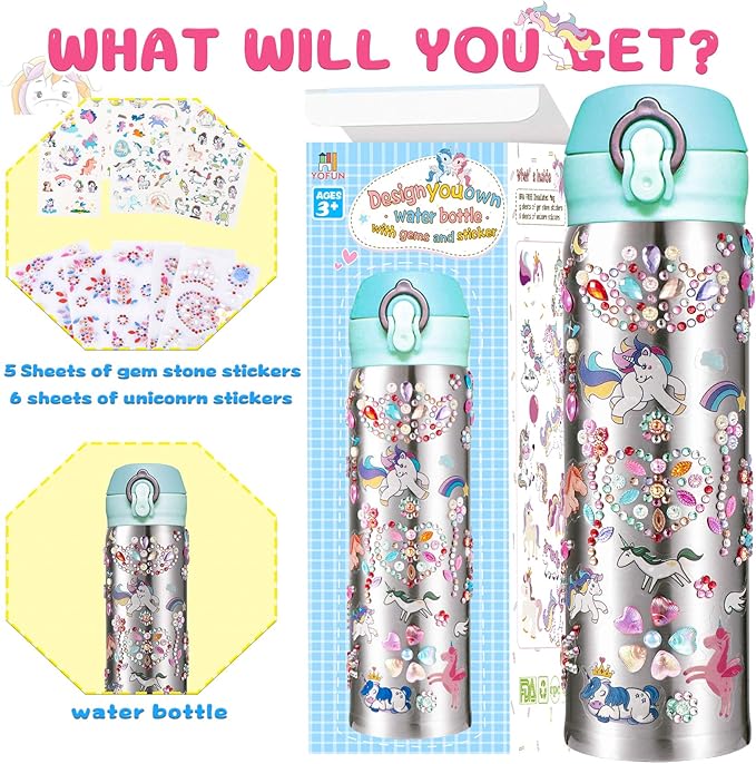Y YOFUN Create Your Water Bottle with Tons of Rhinestone Gem Stickers - Craft Kit & DIY Art Set for Children, Gift for Girls - 17 OZ BPA Free Stainless Steel Vacuum Insulated Mug (Gemstone & Unicorn)
