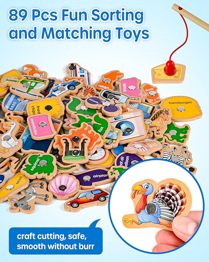 SYNARRY 89 Pcs Wooden Magnetic Sight Word Fishing Game Preschool Activity, Memory Sorting Matching Game for 3 4 5 Years Old Learning Flashcards, Montessori Educational Toys Gifts for Kids Ages 3-5 4-6