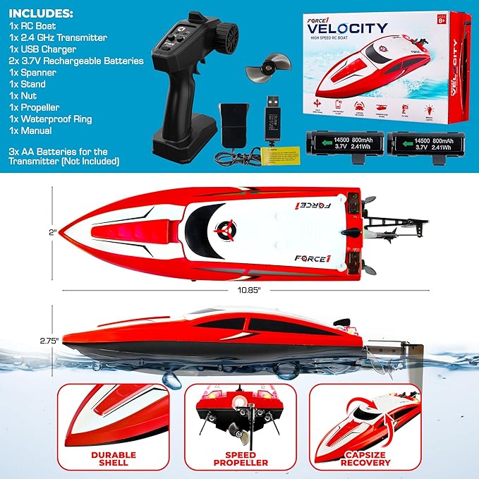 Force1 Velocity Red Fast RC Boat- Remote Control Boats for Adults and Kids, Underwater Speed Racing Mini RC Toy for Pools and Lakes, 2.4GHZ Transmitter, 2 Rechargeable Batteries, Low Battery Alert
