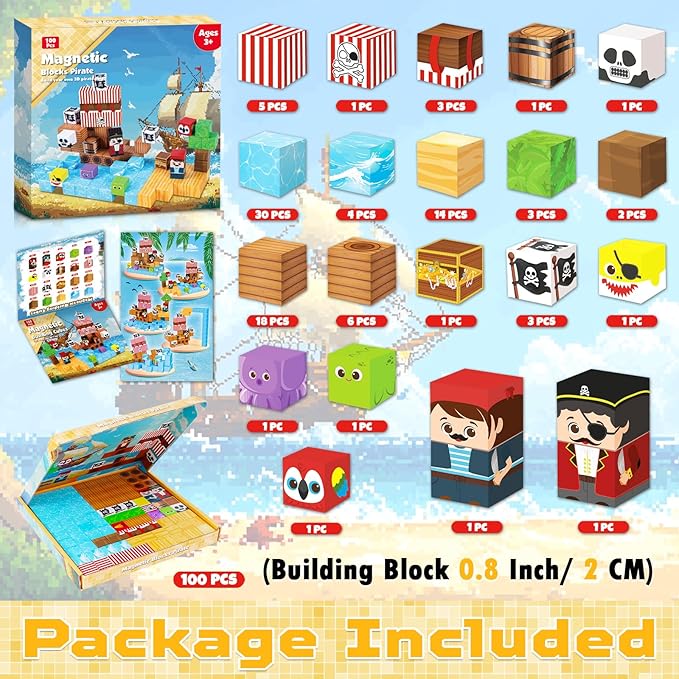 Magnetic Blocks - 100PCS Build Pirate-Ship World Set - Magnetic Building Cube Stacking, STEM Montessori Sensory Toys for Kids Boys Girls Ages 3 4 5 6 7 8 9 10 Easter Birthday Gifts