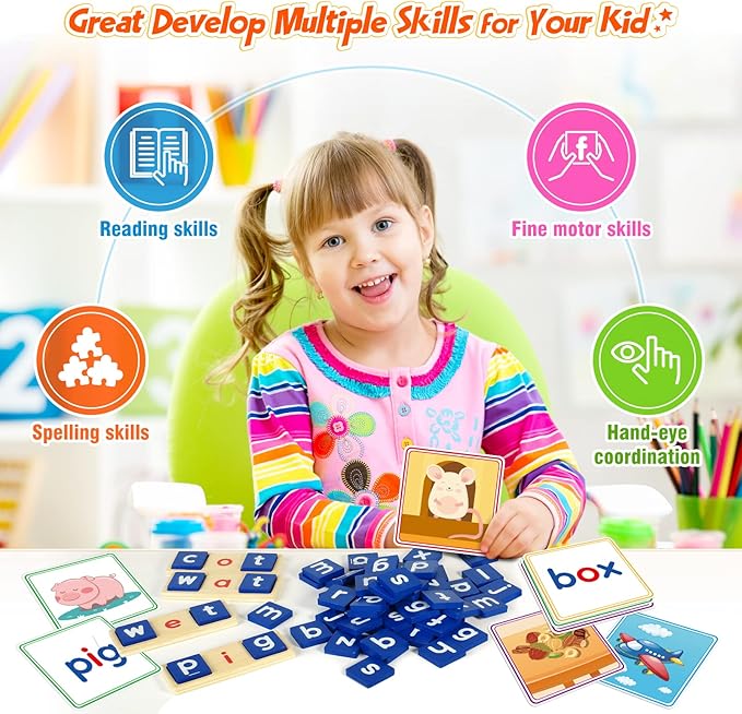 Learning Toys for 3 4 5 Years Old Kids - 116Pcs Short Vowel Letters Sorting Spelling Reading Toy Set with Double-Sided Flash Cards, Preschool Kindergarten Learning Activities Toy for Boys Girls