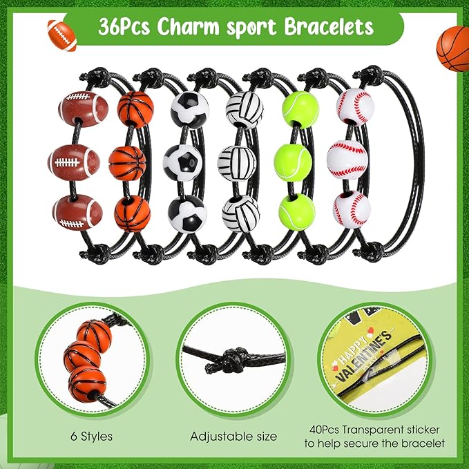 36 Pack Valentines Day Sports Gift Set Include Sports Valentine's Day Cards Adjustable Sport Party Charm Bracelet for Classroom Exchange Prizes Kids Party Favor Teens Adults Sports Team Greeting Favor
