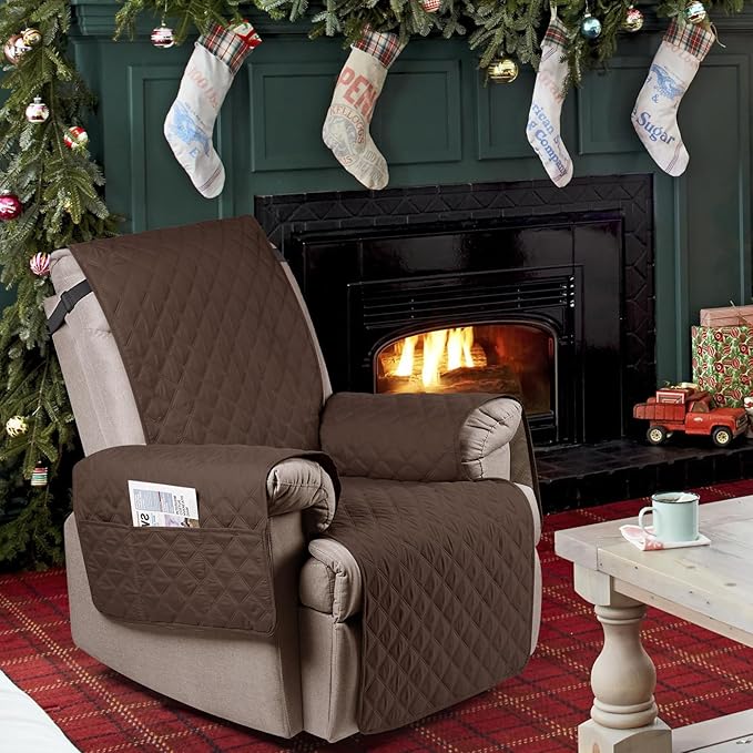 Ruaozz 100% Waterproof Recliner Chair Cover Non-Slip Oversized Reclining Cover for Large Recliner Chair Washable Chair Seat Cover with Elastic Straps for Kids, Dogs, Pets (Dark Brown, 28'')