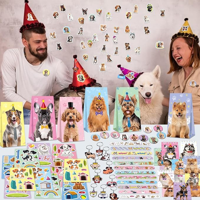 114PCS Dog Paw Party Favors Set, Puppy Party Favors for Kids, 54 Dog Stickers,12 Goodie Bags,12 Button Badges,12 Keychains,12mini Notepads,12 Slap Bracelet for Paw Print Birthday Party Supplies