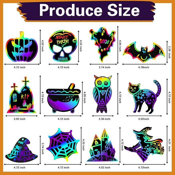 Max Fun Halloween Crafts Scratch Off Art Paper Cards 48Pack, Magic Rainbow Ornaments Hanging Supplies Educational Toys Kit Halloween Party Games Favor