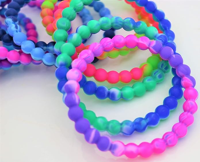 Colorful Tie Dye Bead Rubber Bracelets (Pack) 8". Great Kids and Small Adults. Perfect for party Favors, Carnival Prizes, Goodie bags, Fundraisers, Giveaways, etc.