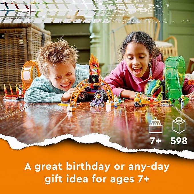 LEGO City Stuntz Double Loop Stunt Arena 60339, Monster Truck Playset with 2 Toy Motorcycles, Ramp, Wall of Flames, Ring of Fire, Snapping Snake Loop and 7 Minifigures, for Kids Ages 7 Plus