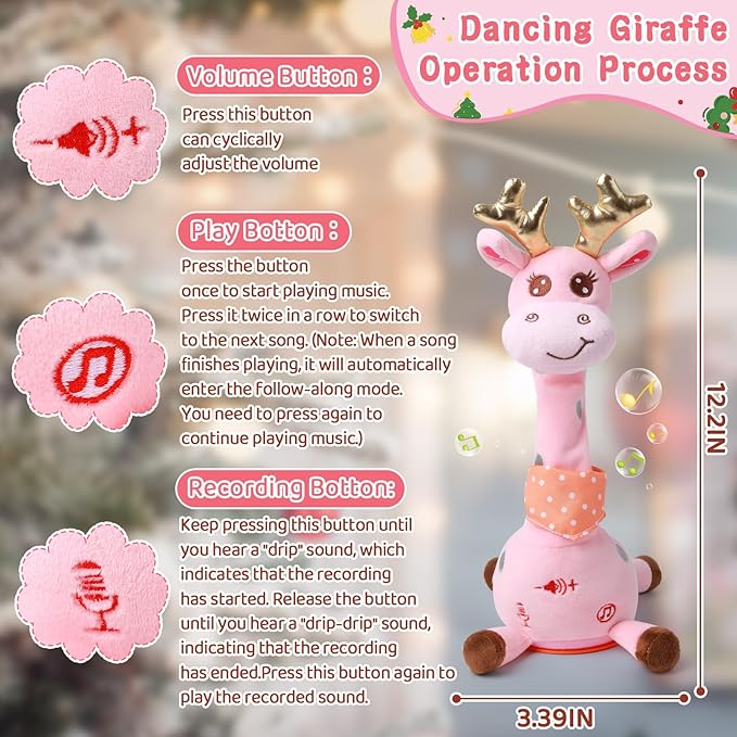 Dancing Talking Giraffe with Golden Antlers Toy, Stuffed Animal Baby Toy Repeating What You Say, Glowing Musical Electronic Giraffe with Golden Anlters Easter Gifts for Toddlers 1-3 Years Old (pink)