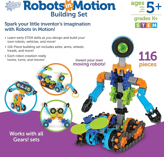 Learning Resources Gears! Gears! Gears! Robots in Motion Building Set - 116 Pieces, Ages 5+, Robot Toy, STEM Toys for Kids, Robots for Kids