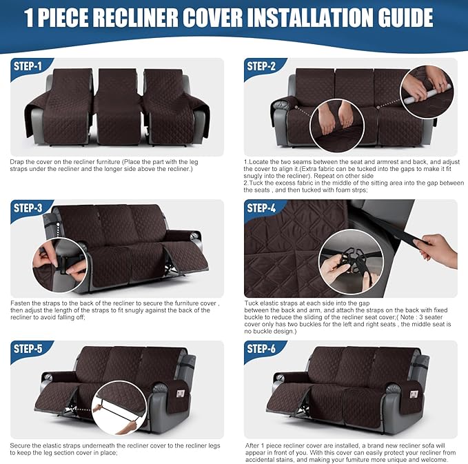 TAOCOCO 100% Waterproof Recliner Covers, Recliner Sofa Covers with Leg Straps, Reversible Recliner Couch Cover for Reclining Chair, Washable Couch Protector for Pets Kids(3 Seater, Chocolate)