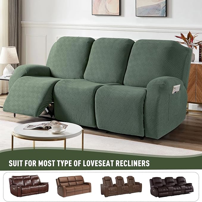 KinCam Recliner Covers, Stretch Reclining Chair Covers, Recliner Sofa Slipcovers Stripe Jacquard Recliner Couch Covers Furniture Protector Covers for Pet Kid (3 Seater, Greyish Green)