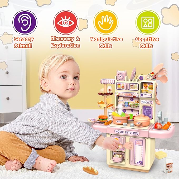 Mini Kids Kitchen Playset with Apron, Play Kitchen Toy with Realistic Steam and Lights, Play Sink and Toy Kitchen Accessories, Pretend Play Gift for Toddlers 3-5 Boys Girls (Pink)