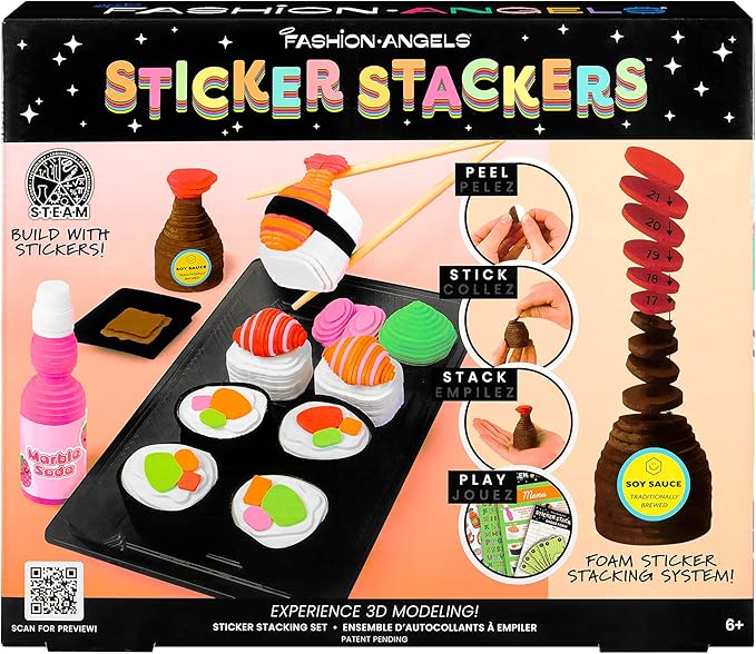 Fashion Angels Sushi Sticker Stackers, Foam Sticker Stacking Set with 3D Modeling, Includes Play & Pretend Food Stackable Stickers, Craft Activity Kit for Kids