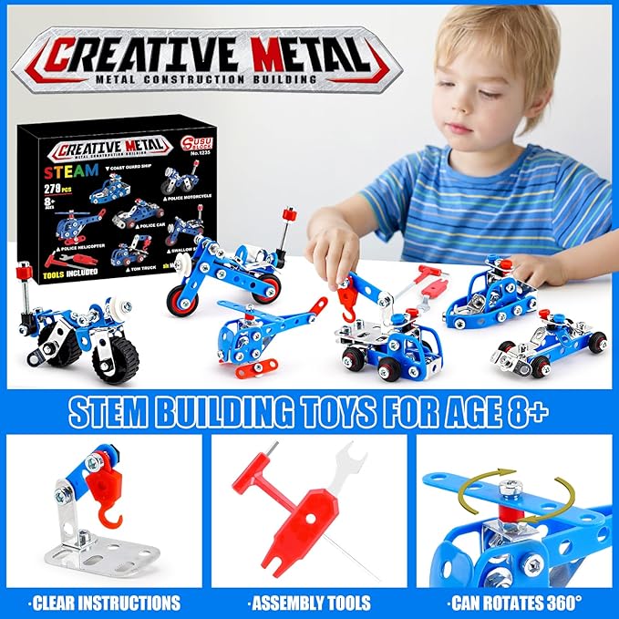 Stem Building Toys for Boys Age 8-12,Police Toys 6 Mini Metal Model Set for Kids,Erector Set for Boys Age 8-12,Assembly Science Kit Educational Gifts For Kids 8 9 10 11 12-16 Years Old(279 Pieces)