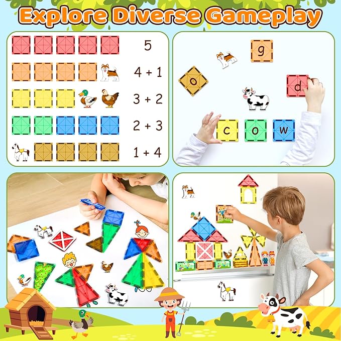 Magnetic Tiles Toys with Farm Animals for 3+ Year Old Toddler, Magnetic Blocks Building Toys for Kids Ages 3-5 5-7 Girls Boys, Classroom Must Haves