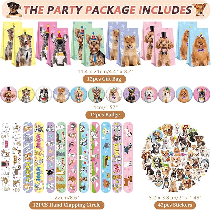 114PCS Dog Paw Party Favors Set, Puppy Party Favors for Kids, 54 Dog Stickers,12 Goodie Bags,12 Button Badges,12 Keychains,12mini Notepads,12 Slap Bracelet for Paw Print Birthday Party Supplies