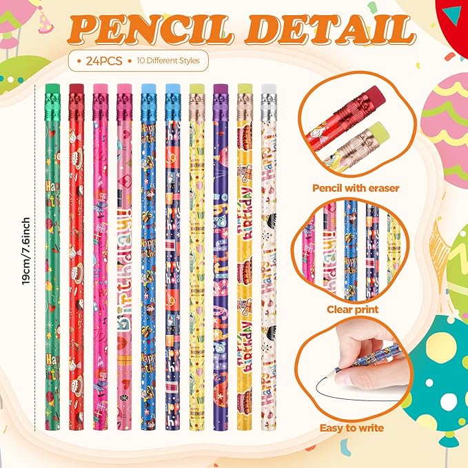 Sabary 48 Pcs Happy Birthday Pencils Rubber Bracelets Set Birthday Party Favors Birthday Pencils Silicone Wristbands Birthday Bracelet for Kids Students Teachers Classroom Reward Gifts (Bright Style)