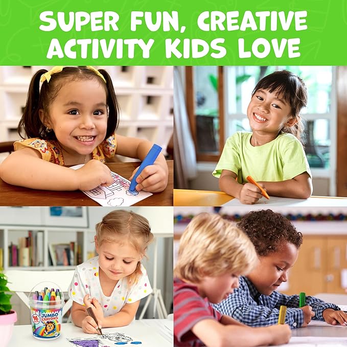 Jumbo Jumbo Crayons For Kids, Ages 1-8 - 16pc, Large, Non-Toxic Washable With Printed & PDF Color Sheets