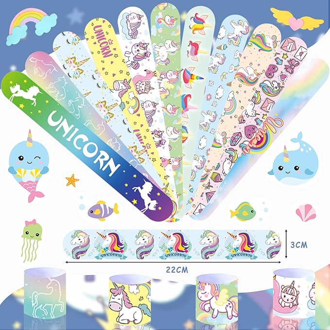 Viicoor Slap Bracelets 48PCS Unicorn Mermaids Snap Bracelet Wrisrtband for Party Favors Basket Bag Filler School Prizes Birthday Exchanging Gifts Bulk (19-Mermaids and Unicorns-48PCS)