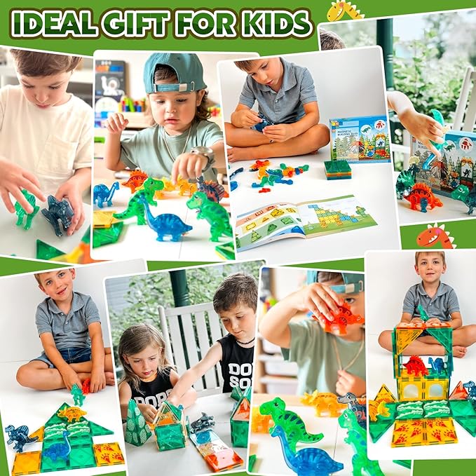 Dinosaur Toys Magnetic Tiles 3D Movable Dinos for Kids 3-5 5-7 Toddler Outdoor Sensory Toys, STEM Educational Magnetic Blocks for 3+ Years Old Boys Girls Kids Toys